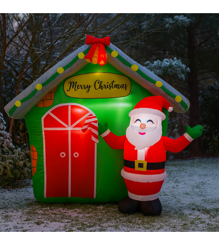 Decoratiune exterior gonflabila de Craciun cu Mos Craciun si casuta, iluminare LED, compresor integrat, 150 cm