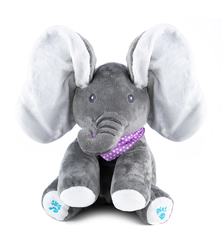 Jucarie plus interactiva elefant pentru copii, canta, misca urechile, joc cucu-bau, 30x30x25 cm, gri