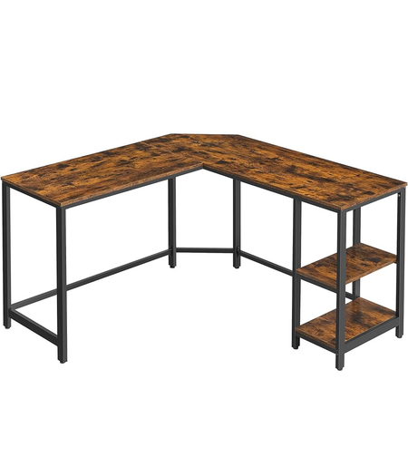 VASAGLE Birou de colt in forma de L, cu 2 rafturi de depozitare, 130x130x76 cm, industrial, maro rustic