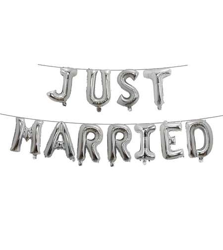 Set Baloane din Folie Metalizata, Flippy, Figurine Litere, Model Just Married, Tema Nunta, 40 cm, Baloane Party, Ambalaj Individual, Pai inclus, Umflare cu Aer sau Heliu, Argintiu