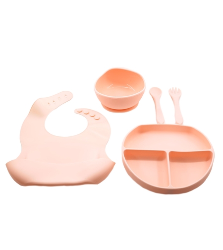 Set 5 piese diversificare bebelusi si copii din silicon Flippy, baveta, farfurie compartimentata cu ventuza, bol cu ventuza, tacamuri, fara alergeni, roz