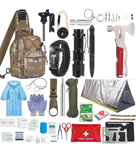 Kit supravietuire multifunctional Flippy, Instrumente profesionale, Trusa de Prim-Ajutor, pentru Camping, Drumetii, Aventuri in aer liber, borseta inclusa, model army
