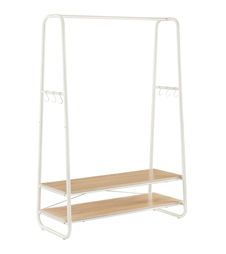 VASAGLE Raft pentru haine cu suport pentru pantofi, 2 polite, 6 carlige laterale, 45x100x160cm, alb-crem