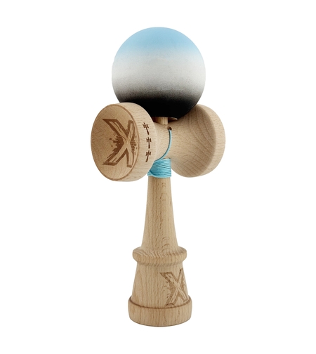 Kendama X Originala, Profesionala, Flippy, Cupe Mari KING SIZE V3, Rubber Grip, Gaura in Baza, Rulment Metalic, din lemn 18 cm, Ata 62/65 cm, Gradient Albastru deschis/Alb/Negru