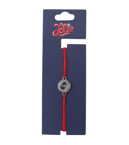 Martisor Bratara din Inox pentru Copii, Jolie, Textil si Inox, Snur Rosu, Model Talpi, Argintiu