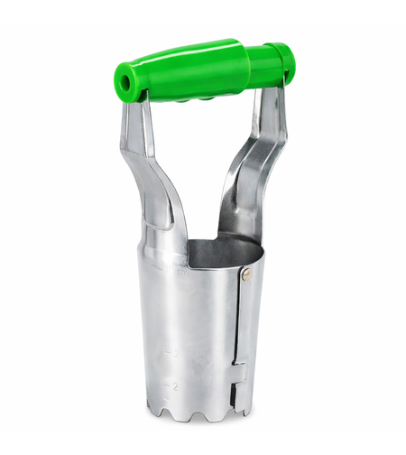 Plantator manual pentru bulbi de flori cu mecanism cu arc si maner ergonomic