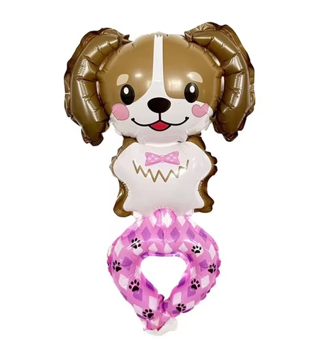 Balon din Folie Metalizata, Vafy, Figurine Animalute, Tip Bratara, Model Caine, Ambalaj Individual, Pai Inclus, Umflare cu Aer sau Heliu, Maro