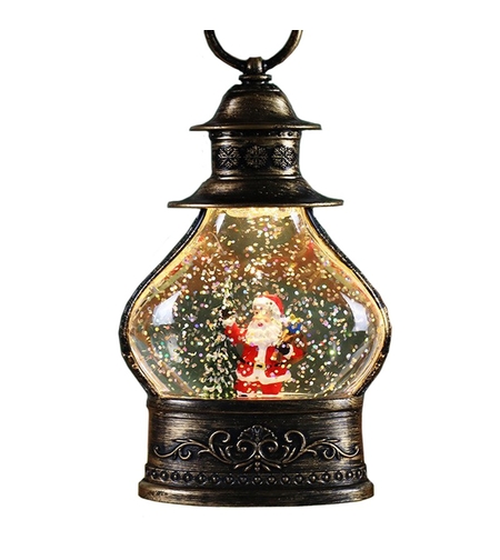 Decoratiune de Craciun tip Felinar, Flippy, Glob de Cristal cu Fulgi de Zapada, Model Mos Craciun, Ornamentat cu Luminite Interioare, 14.5 x 9 x 3 cm, Rama Neagra, Transparent