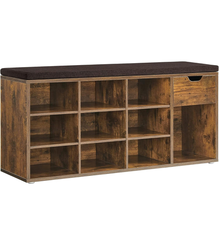 VASAGLE Banca de depozitare cu suport pentru pantofi, 10 compartimente si dulap, cu perna, 30x104x48cm, maro rustic