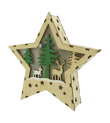 Decoratiune luminoasa, model de Stea cu Reni, maro, lungime: 18 cm, latime: 18 cm, inaltime: 4 cm, lemn, interior/exterior