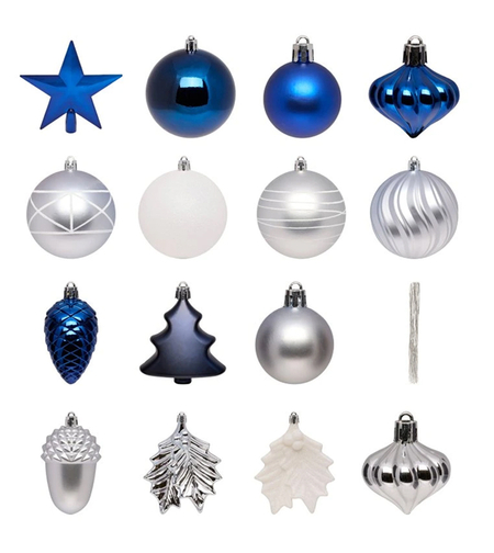 Set decoratiuni pentru brad Quiet Times, 60 piese, alb, albastru, argintiu