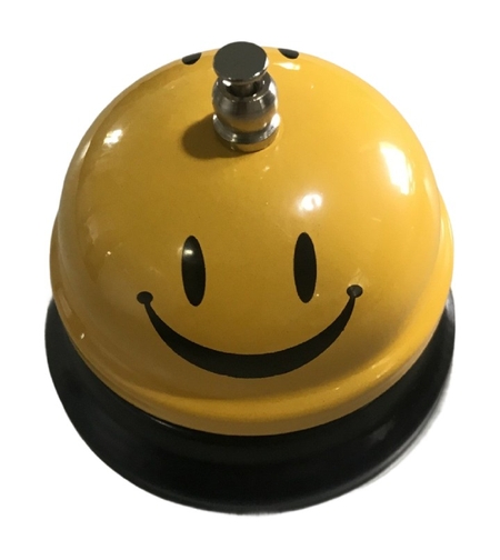 Clopotel Metalic Multifunctional, Flippy, Galben cu Imprimeu Smiley Face, 7.5x7.5x6.5 cm, Receptie, Restaurant, Cafenele