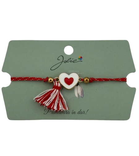 Martisor Bratara Ciucure, Jolie, Snur Rosu Reglabil, cu Pandantiv, Model Inima
