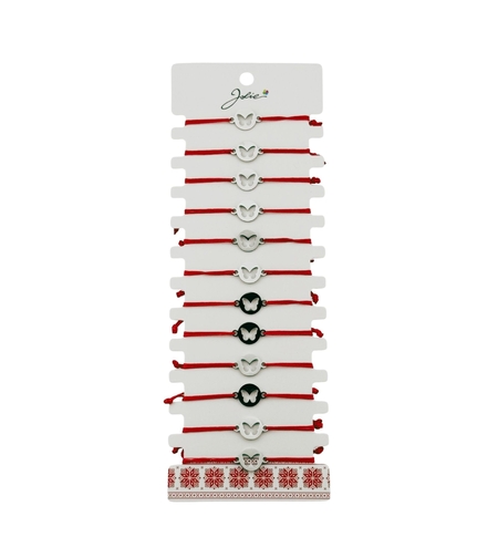 Bratara Martisor pentru Dama, Jolie, Model Fluture in Cerc, Set 12 bucati, Pandativ Argintiu din Inox cu Snur Rosu Ajustabil
