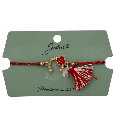 Martisor Bratara Ciucure, Jolie, Snur Rosu Reglabil, cu Pandantiv, Model Potcoava