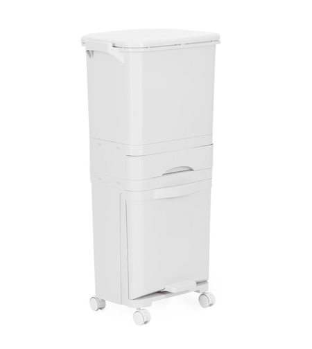 Cos de gunoi pentru colectare selectiva cu 3 compartimente, pe roti, 42 L, alb