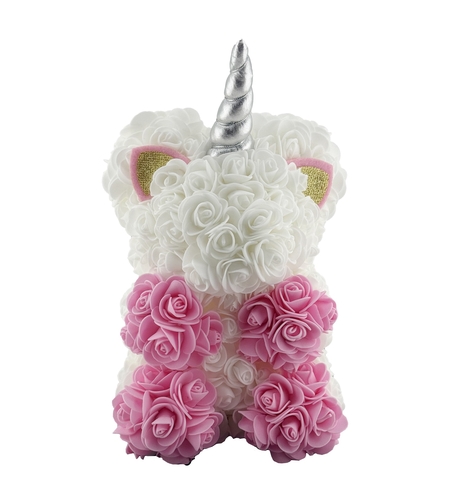 Unicorn din Flori, Flippy, Unicorn din Trandafiri de Spuma, Unicornul 17 x 17 x 23 cm / Cutia Trasparenta 19 x 19 x 28 cm, Roz/Alb
