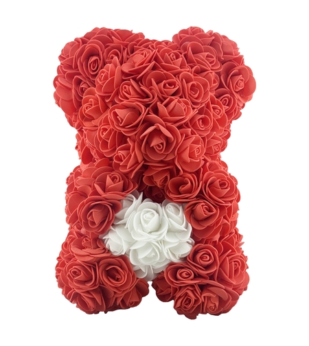 Ursulet din Flori, Flippy, Ursulet din Trandafiri de spuma, Ursuletul 17 x 17 x 23 cm / Cutia Trasparenta 19 x 19 x 28 cm, Rosu