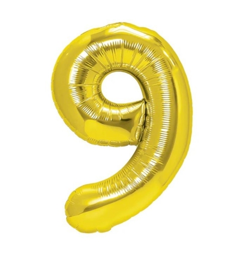 Balon din Folie Metalizata Flippy, Figurina Cifra, Tema Aniversare 100 cm, Ambalaj Individual, Pai inclus, Umflare cu Aer sau Heliu, Auriu, Cifra 9