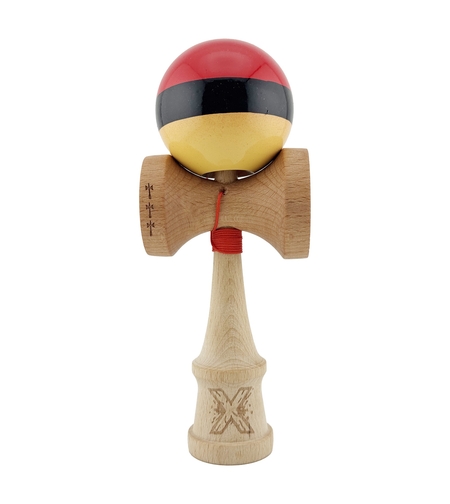 Kendama X Originala, Profesionala, Flippy, Big Cups V2, Super Sticky cu Cupe Mari, Rulment Metalic, din lemn 18 cm, Ata 55 cm, Rosu/Negru/Galben