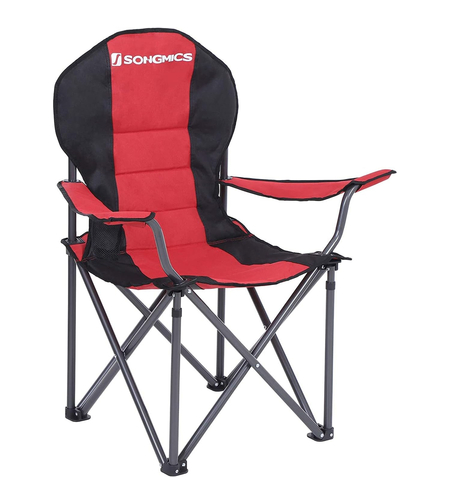 SONGMICS Scaun pliabil camping cu sezut buretat, suport bauturi, husa transport, 250 kg, 90x55x102 cm, rosu