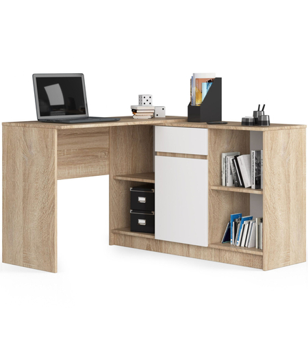 Birou de colt cu sertar, usa si 6 rafturi, PAL laminat 16 mm, 120x126x79 cm, stejar sonoma si alb