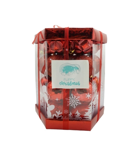 Set de 28 ornamente de brad, Flippy, de tip Glob, Rosu, din polistiren, cu finisaj sclipitor , cutie 18 cm adancime x 22 cm inaltime x 18 cm lungime)