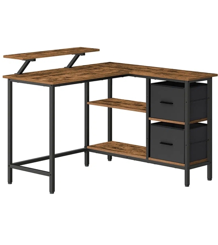 VASAGLE Birou de colt in forma L, cu 2 sertare si suport monitor, montare pe ambele parti, stil industrial, 115x105 cm, maro rustic