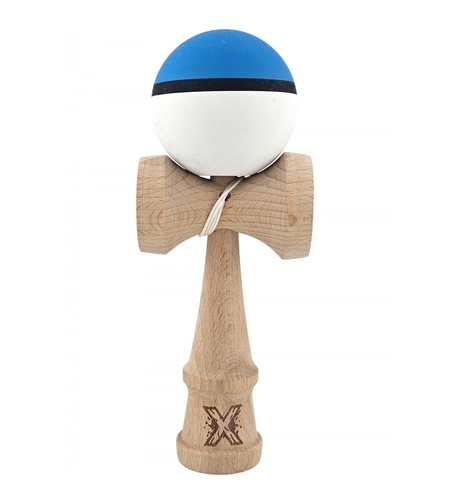 Kendama X Originala, Profesionala, Flippy, din Lemn, 18 cm, Rubber Grip, Albastru/Alb