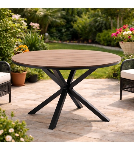 Masa rotunda pentru gradina, cadru aluminiu cu blat polywood aspect lemn, 112x73 cm, maro natur