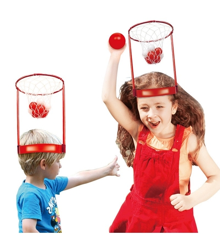 Set Interactiv pentru Copii, Flippy, Joc cu Doua Cosuri de Baschet de Pus pe Cap, Joc Dublu, 20 de Mingi Albe si Rosii, Multicolor