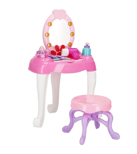 Masa toaleta pentru copii, cu taburet, 19 accesorii joaca, din plastic, 37x20x60 cm, roz