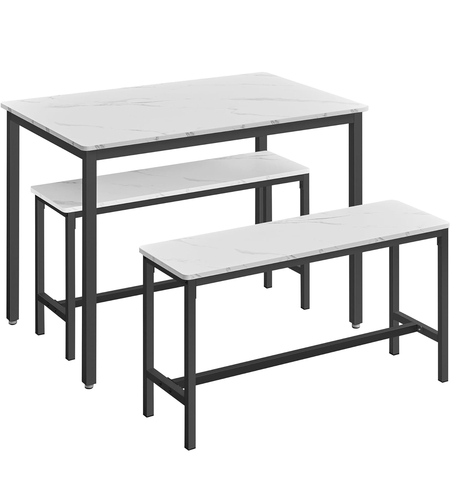 VASAGLE Masa de bar cu 2 banci, design industrial, 110x70x75 cm, alb marmura