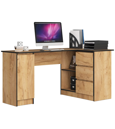 Birou colt dreapta in L cu 3 sertare si rafturi, PAL laminat 16 mm, 155x85x77 cm, stejar craft