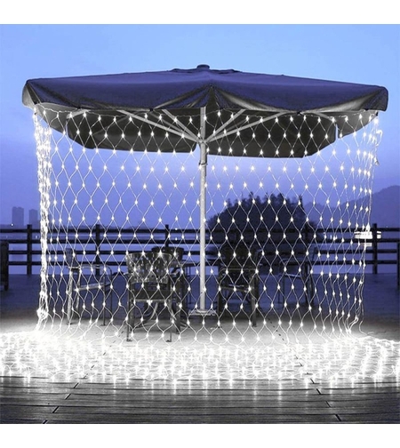Instalatie Craciun, Tip Plasa, IP 44, 19 x 1 m, 880 LED-uri, Alb rece, 8 jocuri de lumini, Transformator cu telecomanda, Interconectabila, Prelungitor 3 m inclus, Fir transparent, Vafy