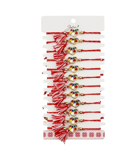 Martisor Bratara cu Ciucure pentru Dama, Jolie, Model Inimi Colorate, Set 12 bucati, Pandativ din Inox, Snur Reglabil, Rosu/Alb