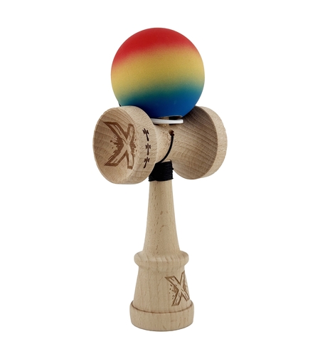 Kendama X Originala, Profesionala, Flippy, Cupe Mari KING SIZE V3, Rubber Grip, Gaura in Baza, Rulment Metalic, din lemn 18 cm, Ata 62/65 cm, Gradient Rosu/Galben/Albastru