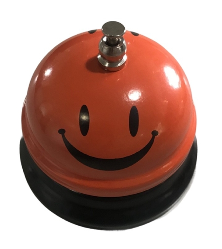 Clopotel Metalic Multifunctional, Flippy, Portocaliu cu Imprimeu Smiley Face, 7.5x7.5x6.5 cm, Receptie, Restaurant, Cafenele