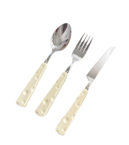Tacamuri pentru Copii, Flippy, Set 3 Piese, Tacamuri pentru Dejun, Lingura Furculita Cutit, Stil Italian, Manere forma Cascaval Plastic, Inox, 23 cm, Auriu