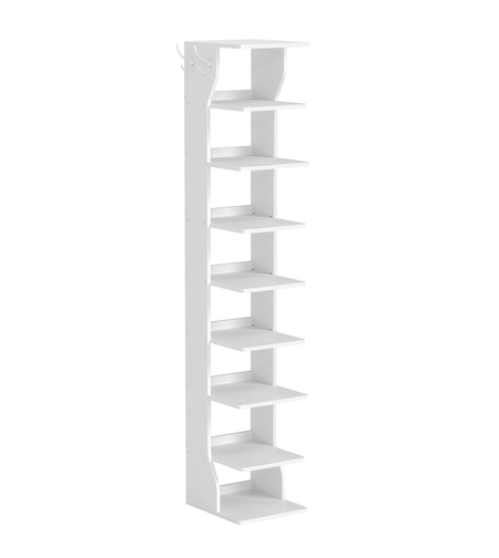 VASAGLE Raft pantofi pentru spatii inguste, 9 niveluri, cu carlige laterale, montaj pe podea, 26x30x147 cm, alb