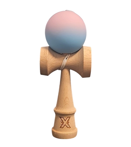 Kendama X Originala, Profesionala, Flippy, din Lemn, Rubber Grip, 18 cm, Lila/Turcoaz