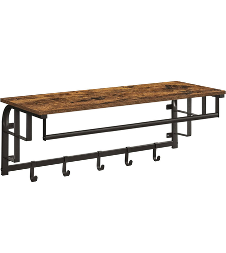 VASAGLE Cuier de perete cu raft de depozitare, 5 carlige, 30x80x27 cm, maro rustic