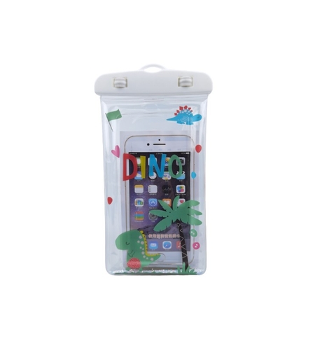 Husa subacvatica Glitter Kids Waterproof Flippy, Snowproof, Universala, cu Snur, pentru telefon sau documente, Dino, Alb