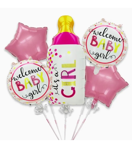 Baloane decorative GENDER REVEAL PARTY, Vafy, Figurina Sticla, Model IT'S A GIRL, Set din 5 baloane, 40 x 77 cm, pentru Botez, Roz