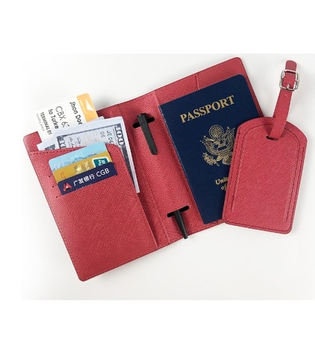 Portofel pentru Pasaport si Carduri, Vafy, 23x16 cm, 70g, din Piele PU, Suport Pix, Accesoriu Suport Eticheta, Unisex, Multifunctional, Rosu