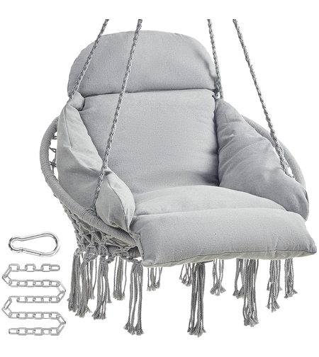 SONGMICS Scaun suspendat tip hamac cu perna groasa, stil scandinav, cadru metalic, include lant si carabiniera, 120 kg, gri