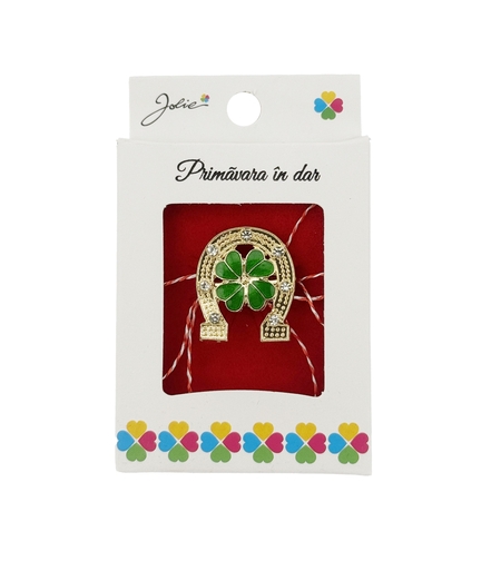 Martisor Brosa, Jolie, Model Potcoava cu Trifoi, Metal Emailat in Culori, Sistem de Prindere cu Ac, Dimensiune 2.5–3 cm, Ambalaj Individual cu Design, Multicolor