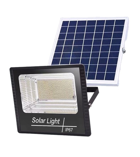 Proiector LED/Lampa solara de exterior Flippy, 20 cm x 25cm, Rezistent la Apa IP67, cu Panou Solar, 220 LED SMD, 65W, Senzor de lumina, Timer, cu Telecomanda, 2 moduri de iluminat, kit montaj inclus, Lumina Rece