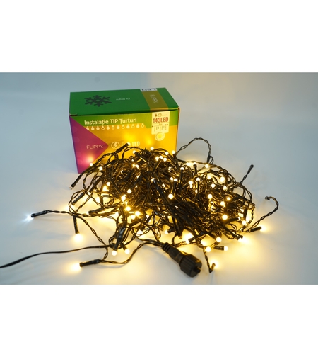 Instalatie de Craciun Vafy® Tip Franjuri cu Flash, Sectiune 5 m, 143 LED-uri, Interconectabila, Fir Negru, Alb Cald