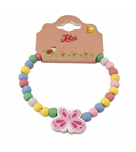 Martisor Bratara pentru Copii, Jolie, Pandativ Fluturas Alb/Roz, tip Elastica cu Margele din Lemn Colorate
